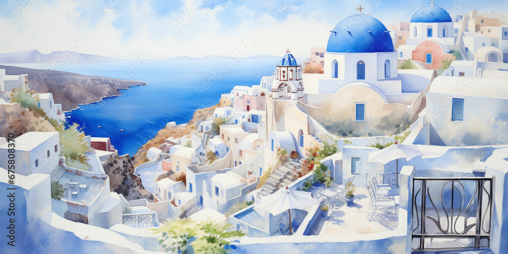 Aerial View of Santorini, Greece - A Vibrant Watercolor Painting Illustration - obrazy, fototapety, plakaty 
