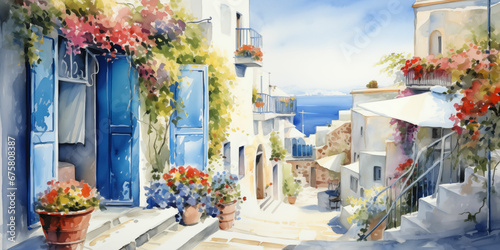 Watercolor Painting of Idyllic Santorini Streets in Greece, Provencal-inspired Artwork of the Landscape. © Fortis Design