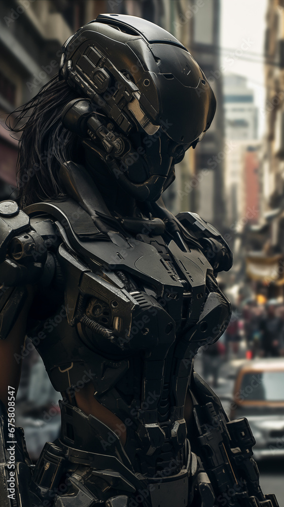 Cybernetic Sci-fi Female Figure Armed in Black, a Concept of Futuristic Fictional Character in Mecha Armour.