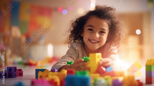 Curly-haired young girl engaging with colorful building blocks, showcasing playtime. Childhood joy.