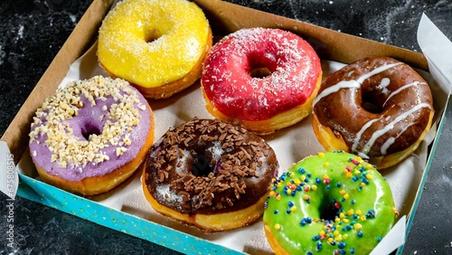 A box filled with lots of colorful donuts box for office brunch. Generative AI