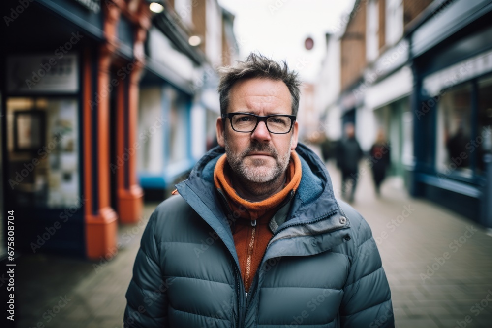 Portrait of a middle-aged man in glasses and a warm jacket on a city street. Portrait of a middle-aged man in glasses and a warm jacket on a city street.