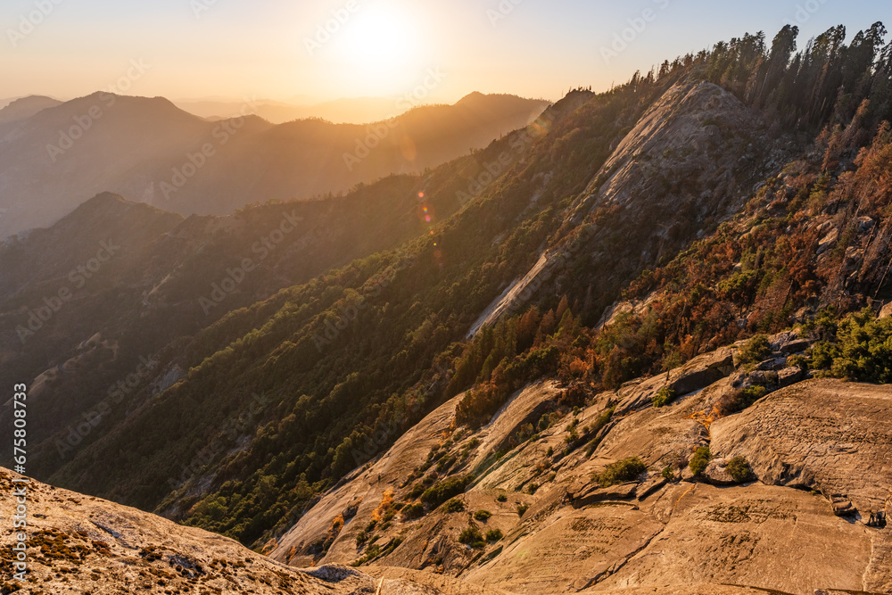 Setting sun over the Sequoia National Park. View from the Moro Rock.