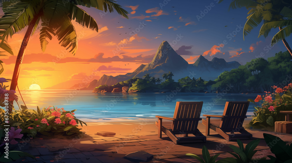 Digital Art Wallpaper of an Empty, Relaxing Tropical Island Surrounded by Water Under the Afterglow Sky: A Perfect Nature Retreat
