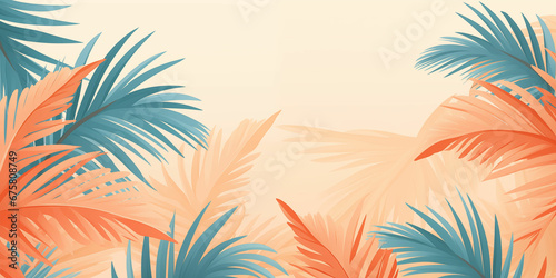 Minimalist Cartoon Styled Tropical Background with Vibrantly Illustrated Palm Leaves - A Creative Artistic Interpretation of Tropical Morning Landscape.