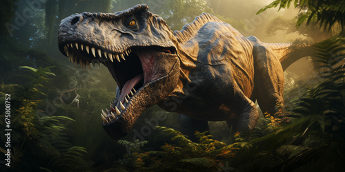T-Rex Hunting for Prey in Lush Jungle Environment Showcasing Prehistoric Ultra Realistic Adaptation © Fortis Design