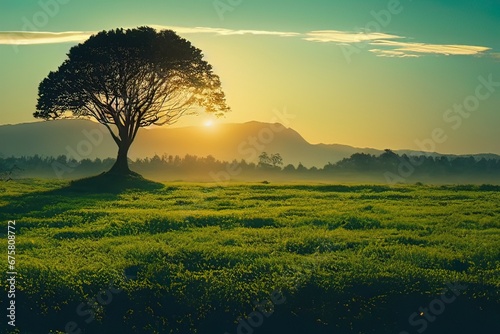 A picture of a beautiful morning with a crop field and some trees and the sun and sunrise