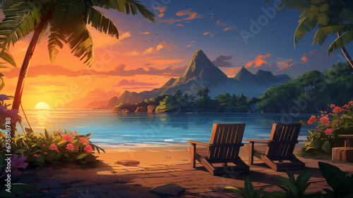 Digital Art Wallpaper of an Empty  Relaxing Tropical Island Surrounded by Water Under the Afterglow Sky  A Perfect Nature Retreat