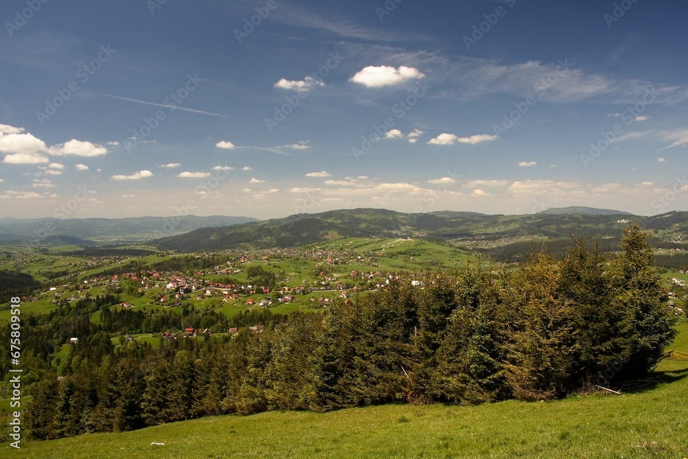 Scenic view of the village Koniakow captured from the top of Ochodzita mountain in Poland