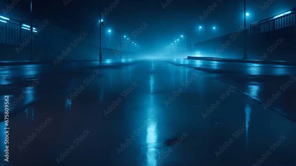 Dark wet, empty street at night, blue streetlights, reflections of rays in the water, Abstract dark blue background, smoke, smog, fog, Empty dark scene, neon light, spotlights