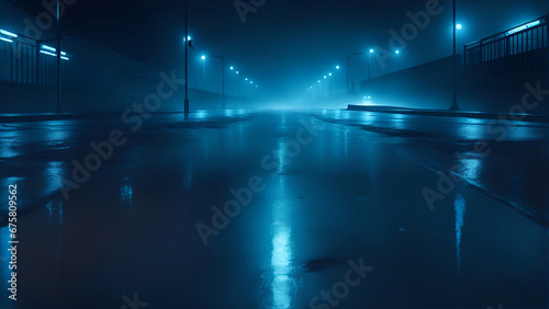 Dark wet, empty street at night, blue streetlights, reflections of rays in the water, Abstract dark blue background, smoke, smog, fog, Empty dark scene, neon light, spotlights © Hamza