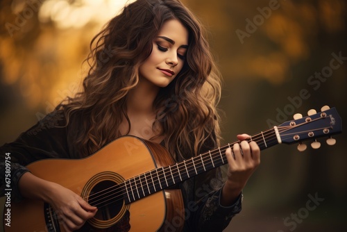 Beautiful woman singing the acoustic song and playing the guitar.
