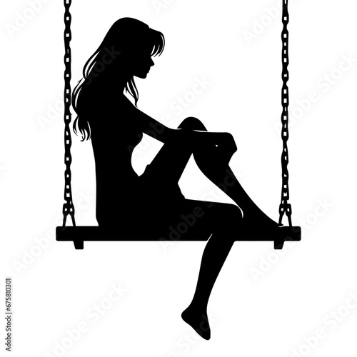 young girl sitting on the swing vector silhouette illustration black color white background