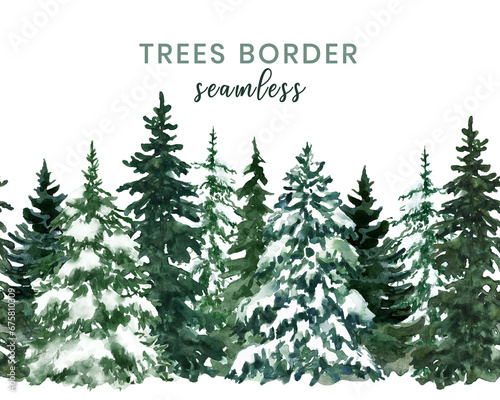 Watercolor winter pine tree forest seamless border. Hand-painted conifer spruce trees background. Nature landscape scene. PNG clipart.