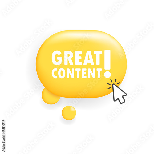 Great content sign. Flat, yellow, cursor on button, great content button. Vector icon