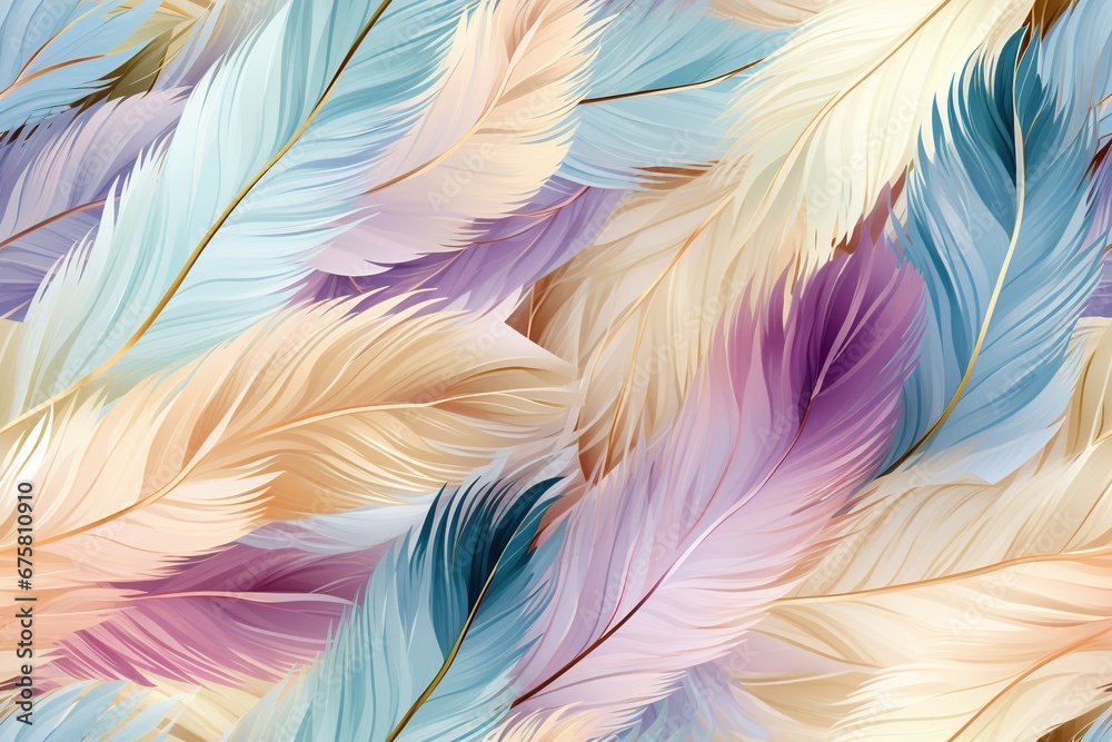 Fototapeta premium Colorful feathers, feather pattern in soft colors. Bright background. Generated by artificial intelligence