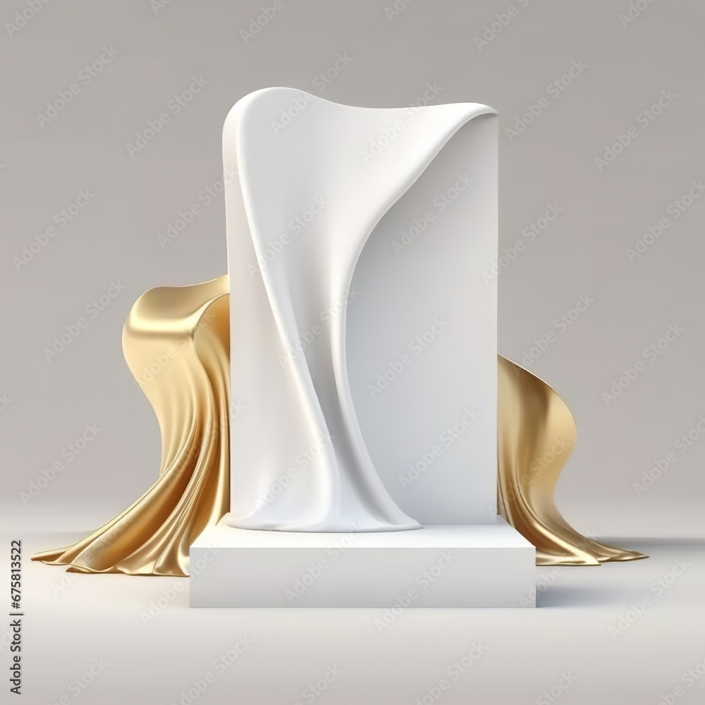 3D display podium, white background with pedestal. White cloth with gold, luxury silk. Beauty cosmetic, product presentation stand. Feminine mockup with cloth wave render advertisement Generative AI 