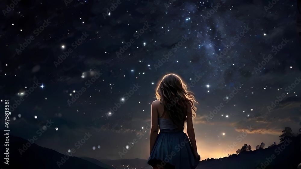 Stars in the sky and a girl looking up at them. A dreamy illustration for romantics.