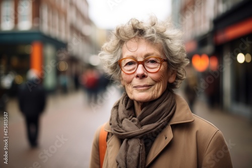 Portrait of a senior woman with glasses in a city street.