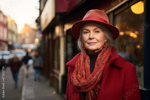 Portrait of a senior woman in a red coat and hat on a city street.
