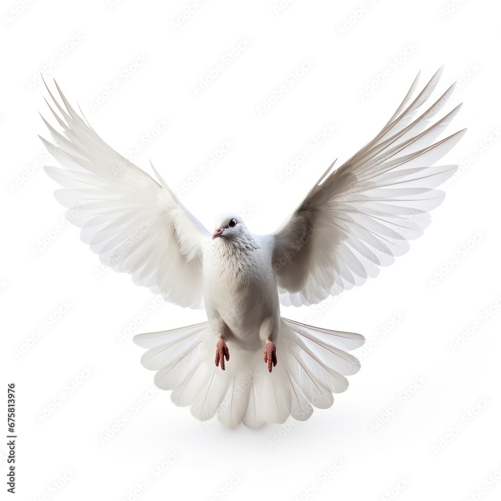 Fototapeta premium Graceful white dove in flight on white background