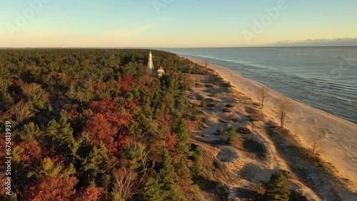 Aerial view of the Michigan Lake shoreline. The Great Lakes. Wisconsin, USA. Sunrise, golden hour