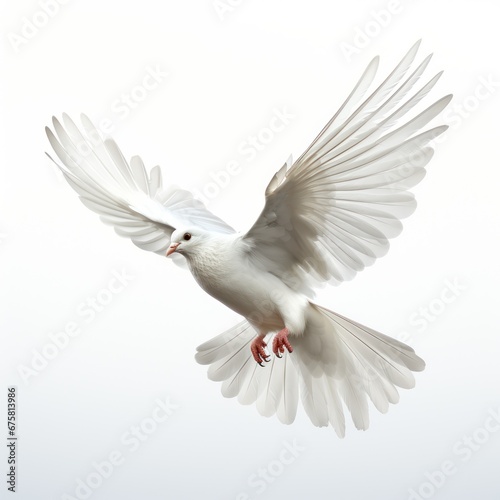 Graceful white dove in flight on white background