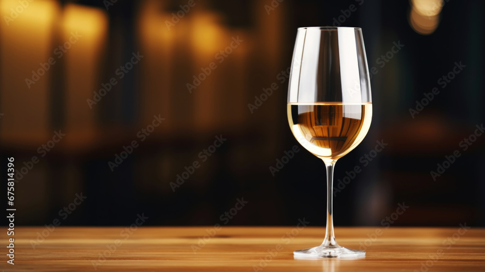 Elegant glass of white wine on blurred bar background. Wine industry concept. Generative AI Elegant glass of white wine on blurred bar background. Wine industry concept. Generative AI