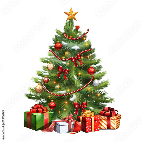 Festive Christmas tree with sparkling ornaments and lights, with a pile of presents, white background