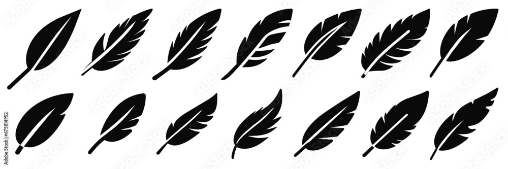 Obraz premium Feather Vector illustration. Feathers of birds. Black quill feather silhouette. 