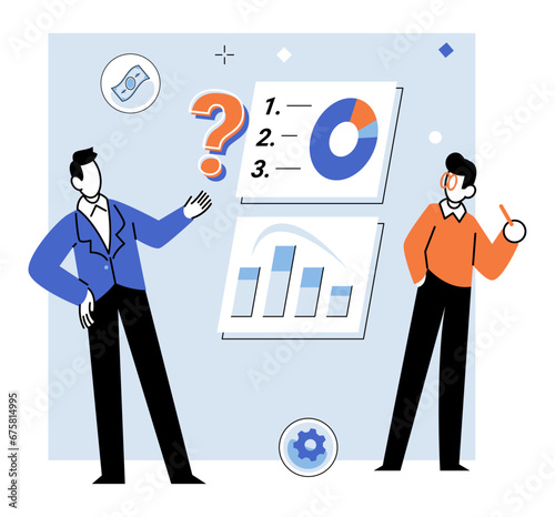 Business briefing vector illustration. Development strategies tailored to companys unique needs and goals drive sustainable growth and competitive advantage Finance management involves analyzing