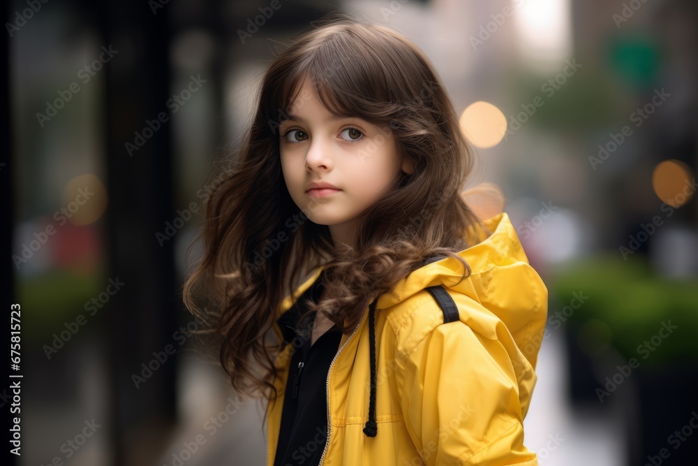 Portrait of a cute little girl in a yellow raincoat. Portrait of a cute little girl in a yellow raincoat.