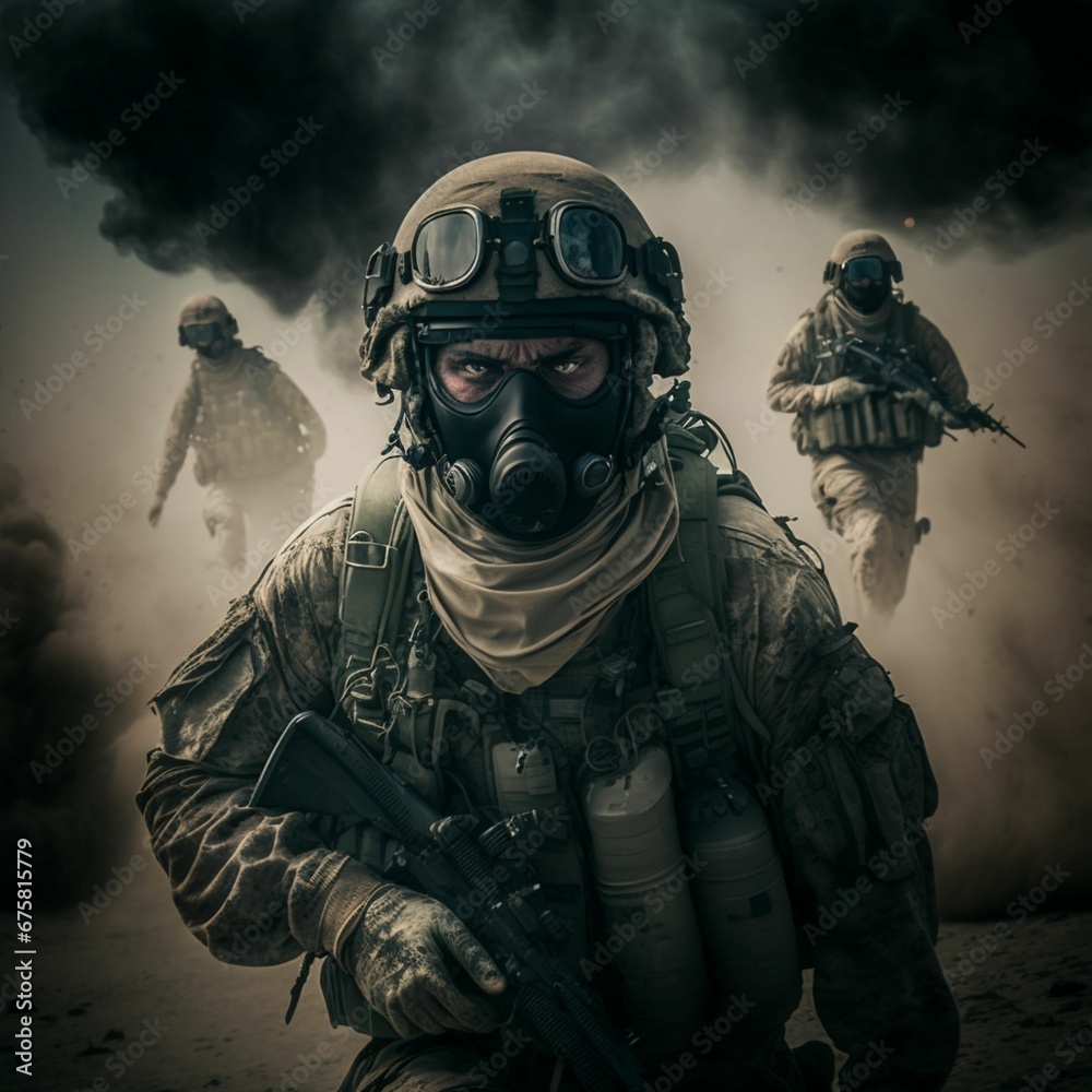 AI generated illustration of special forces soldiers with weapons and armor on the battlefield AI generated illustration of special forces soldiers with weapons and armor on the battlefield