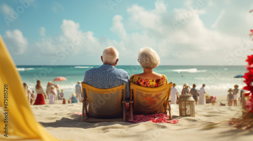 An elderly couple of pensioners spend time together relaxing on sun loungers