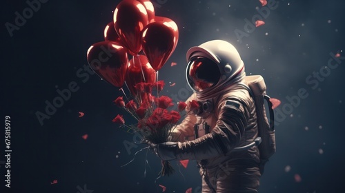 Man Astronaut giving Woman Astronaut a bouquet of red roses 