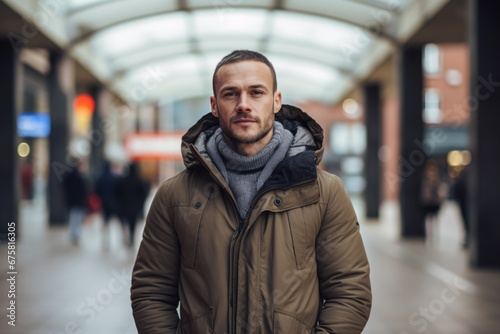 Portrait of a handsome man in a winter jacket in the city