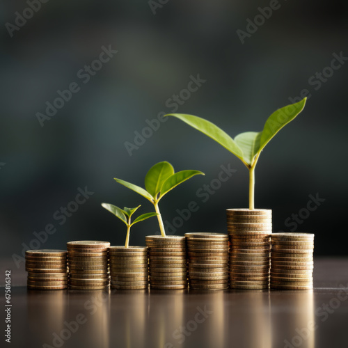 A seedling growing on a pile of coins has a natural backdrop, blurry green, money-saving ideas, and economic growth.