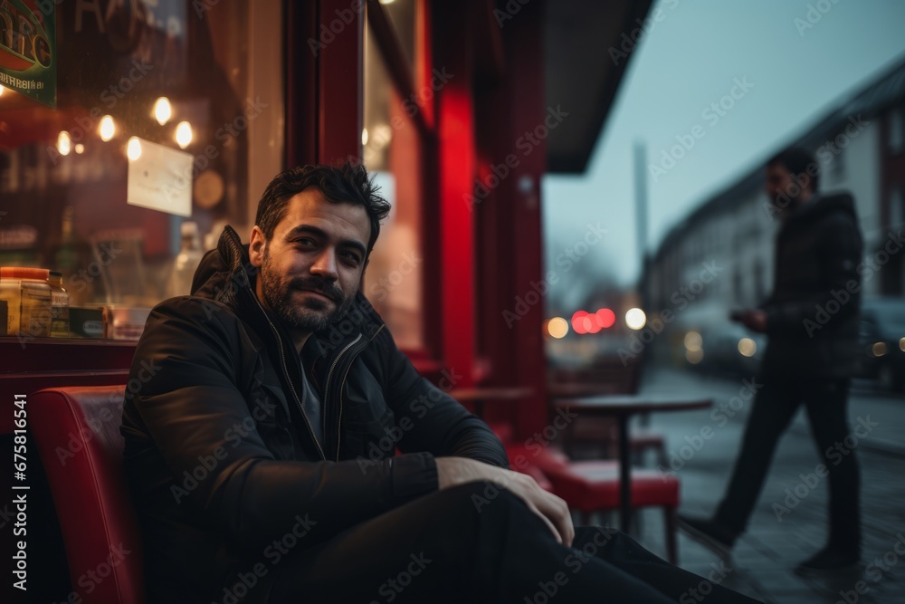 Portrait of a handsome bearded man sitting in a coffee shop on the street. Portrait of a handsome bearded man sitting in a coffee shop on the street.