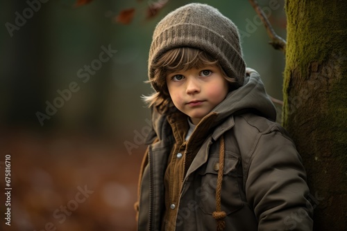 Portrait of a cute little boy in the autumn forest. Autumn fashion.