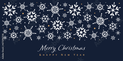 Blue christmas banner with white snowflakes. Merry Christmas and happy New Year.