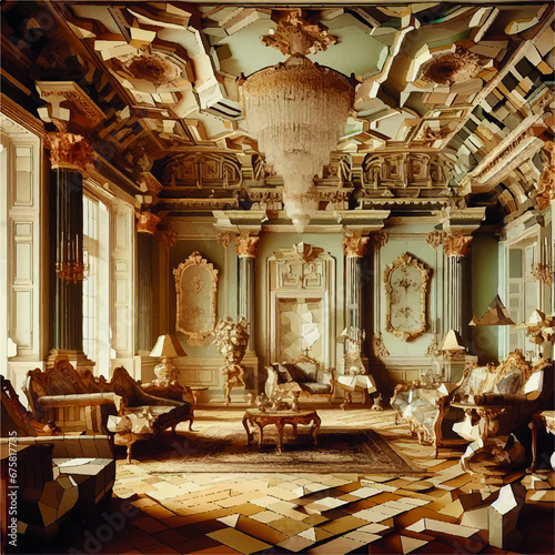 Baroque palace interior where the furniture and décor appear as if they've been deconstructed and reassembled in a Cubist style