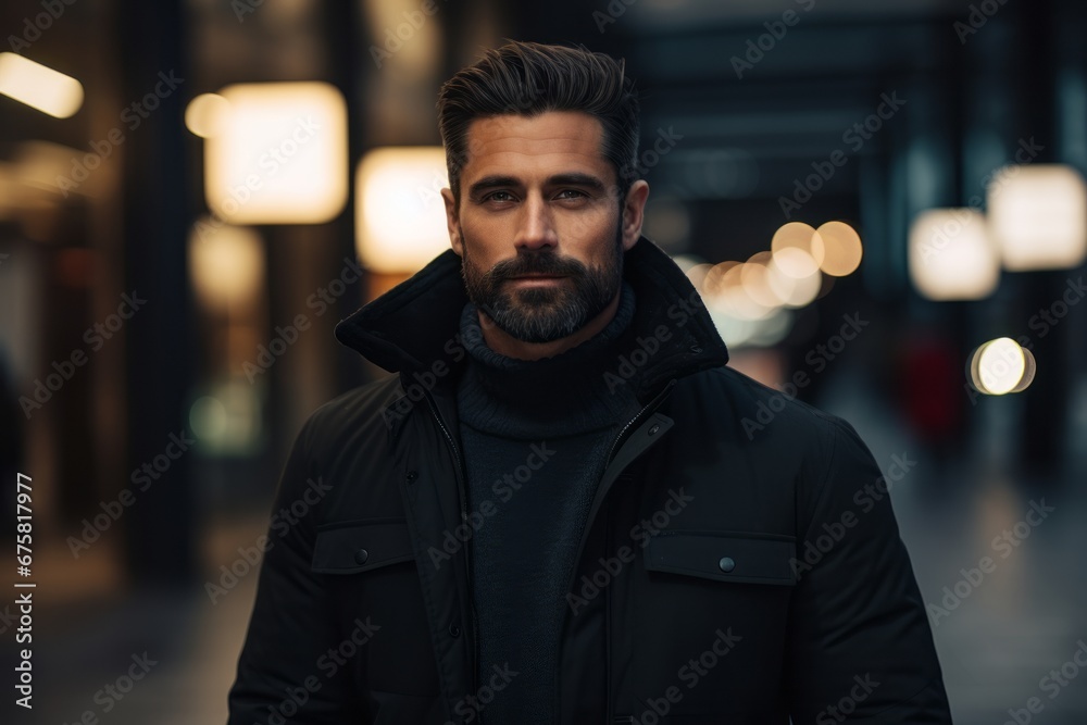 Portrait of a handsome bearded man in a black jacket. Men's beauty, fashion. Portrait of a handsome bearded man in a black jacket. Men's beauty, fashion.
