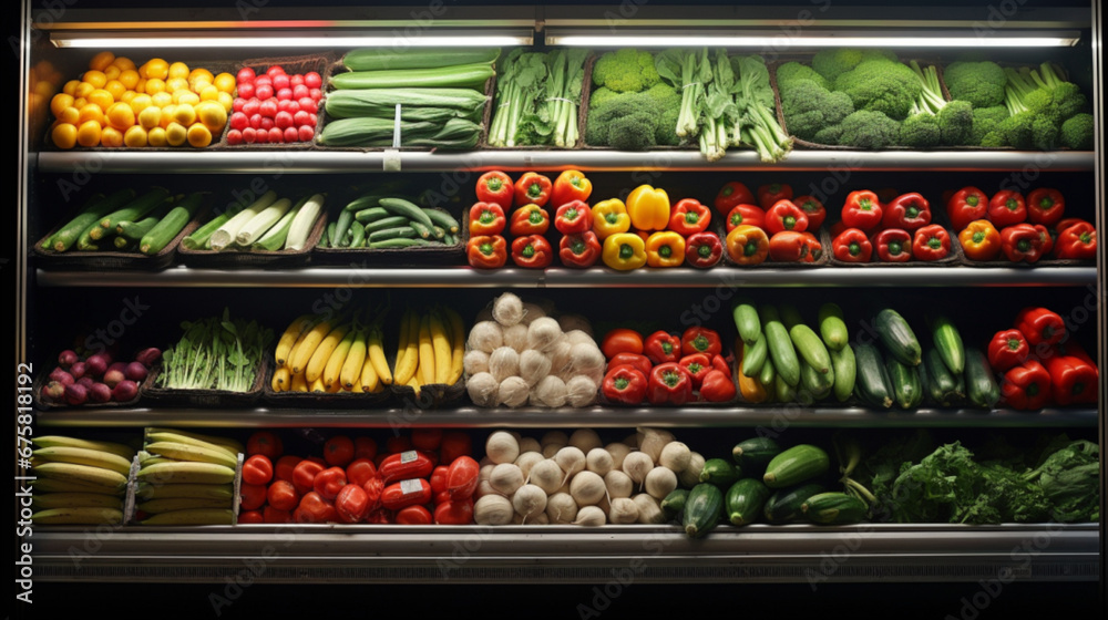  スーパーマーケットの冷蔵棚の野菜と果物GenerativeAI