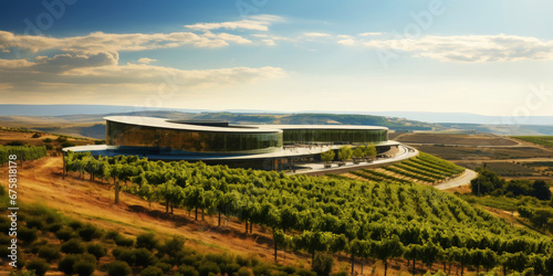 Vineyard landscape with a modern winery building on a hill under stunning sky. Rows of grapes. Generative AI