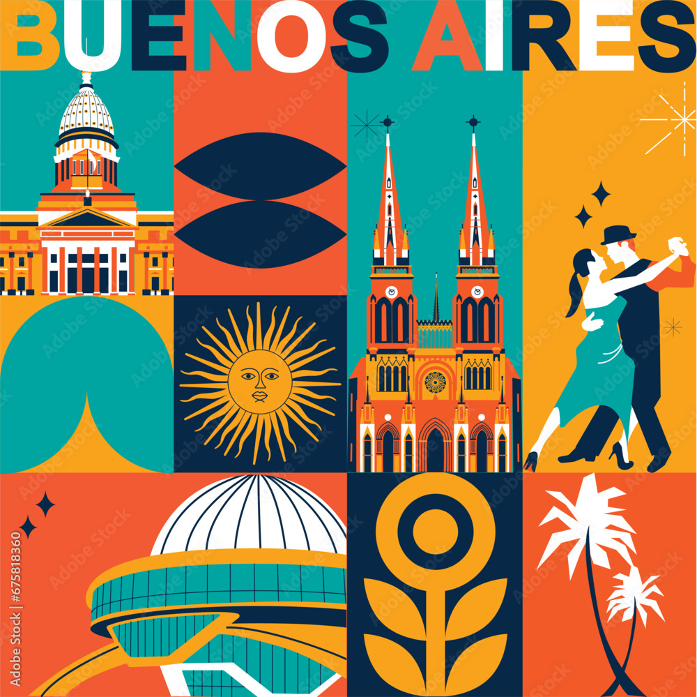 Buenos Aires culture travel night set, famous architectures specialties in flat design. Business Argentinian tourism concept clipart. Image presentation, banner, website, advert, flyer, roadmap, icon