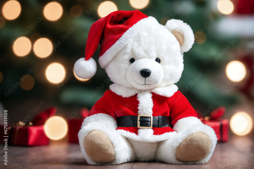 Cute Polar teddy bear in santa outfit christmas bokeh background Cute Polar teddy bear in santa outfit christmas bokeh background
