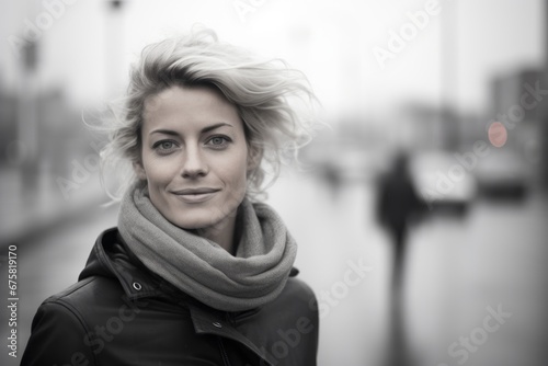 Portrait of a beautiful woman with blond hair in the city.