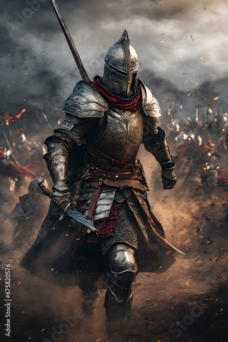 knight in armour at the battlefield photo