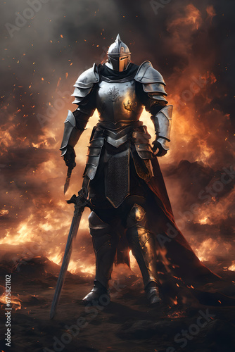 knight with sword with fire background