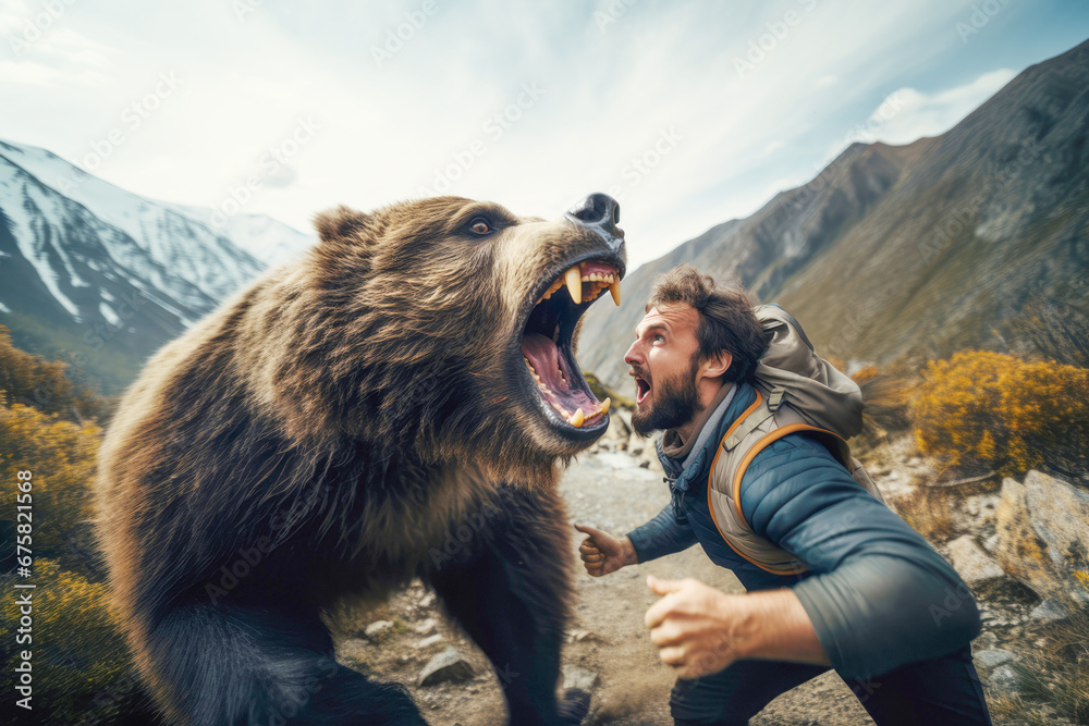 a person bravely attempting to fend off a bear attack, underlining the perilous encounter with a fierce predator in the Canadian wilderness. - obrazy, fototapety, plakaty 